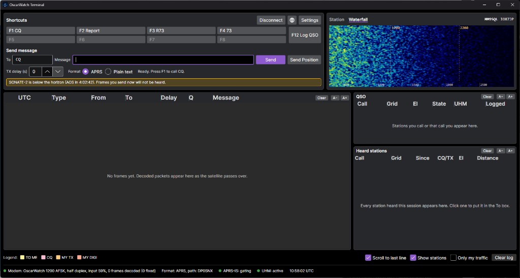 OscarWatch Terminal window with shortcuts, waterfall, message log and heard stations